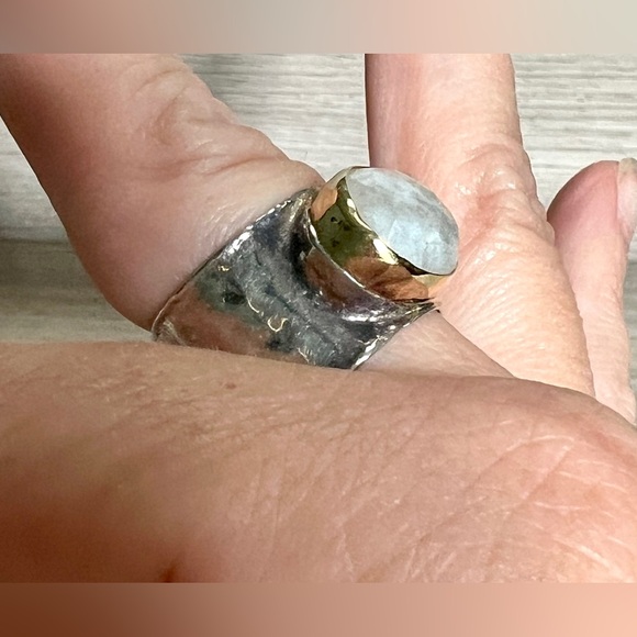 Designer Sundance Sterling Silver & Gold Hammered Wide Band Moonstone Ring - Picture 10 of 11